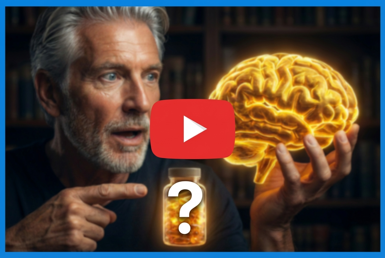 Video thumbnail showing man holding glowing brain with supplement bottle